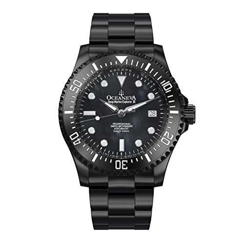 OceanevaTM Mens Deep Marine Explorer III 3000M Pro Diver Watch Black Mother of Pearl Dial Black IP - Stainless Steel Bracelet 38 Hour Power Reserve