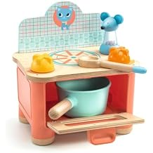 DJECO - Kitten Stove Playset for Toddlers - Role Play - Ages 18 Months and Up - Pretend Cooking in Play Kitchen - Compact and Portable - Includes Cooker, Saucepan, Spoon, Salt Shaker
