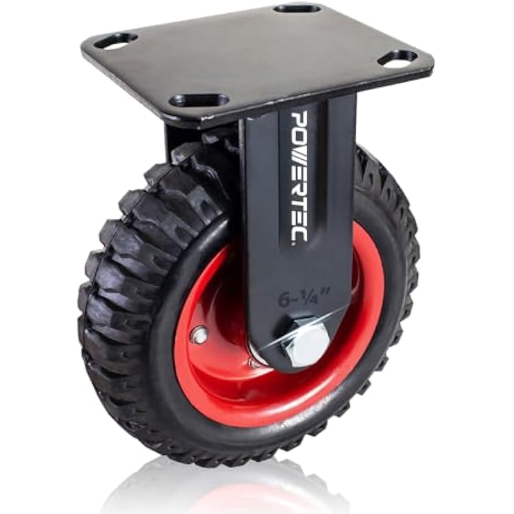 POWERTEC 6 Inch Caster Wheels, Heavy Duty Fixed Plate Casters with Rubber Knobby Tread for Workbench, Dolly, Cart, Trolley, Wagon, Toolbox and Chicken Coop, Large Rubber Castor Wheels, 1PK 17052V