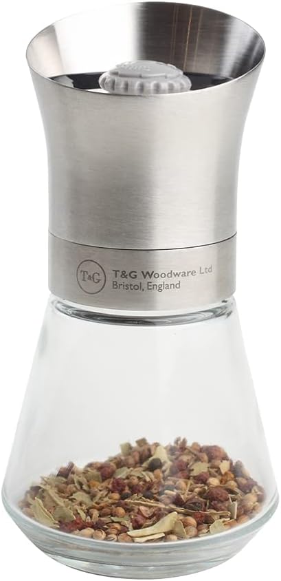 T&G CrushGrind Spice Mill with Stainless Steel Top & Glass Base, 12.5 cm, Whole Dried Herbs Spices Seeds Chilli Flakes/Fully Adjustable Ceramic Manual Grinder