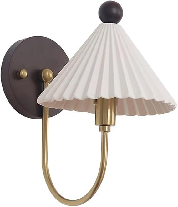 Retro Wood Wall Sconce Nordic Bedside Wall Mount Lamp with Pleated Ceramic Shade, Japanese-Style Walnut Wood Wall Lighting Fixture Gold Vintage Indoor Hardwired Wall Sconces, E14
