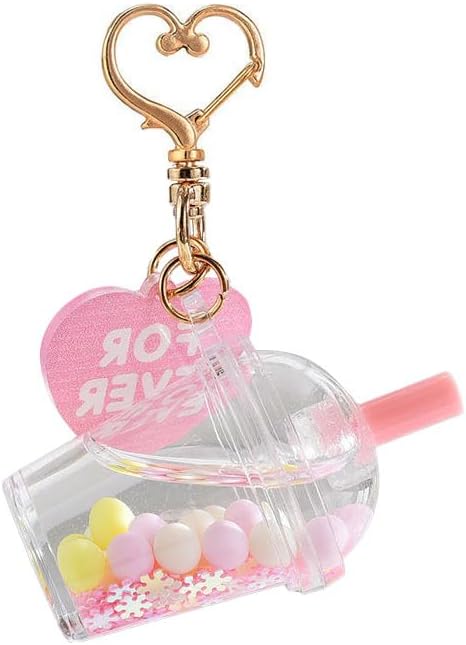 Buddha Bubbles Boba Liquid Filled Keychain with Charm & Heart Clasp Large Cup Measures 2 1/3" (Light Pink)