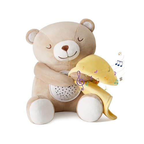 Baby Sleep Soother, White Noise Sound Machine Projector Night Light, Portable Stuffed Teddy Baby Gifts Bear Toy with 18 Soothing Sounds, Auto-Off Timer, Cry Sensor for Kids