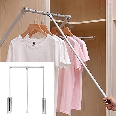Down Wardrobe RailPull Down Closet Rods Hanger for Hanging Clothes Wardrobe Lift Rail Organizer Storage System Ergonomic Handle 26 lbs Load Capacity, Adjustable Width (Silver 550to660mm)