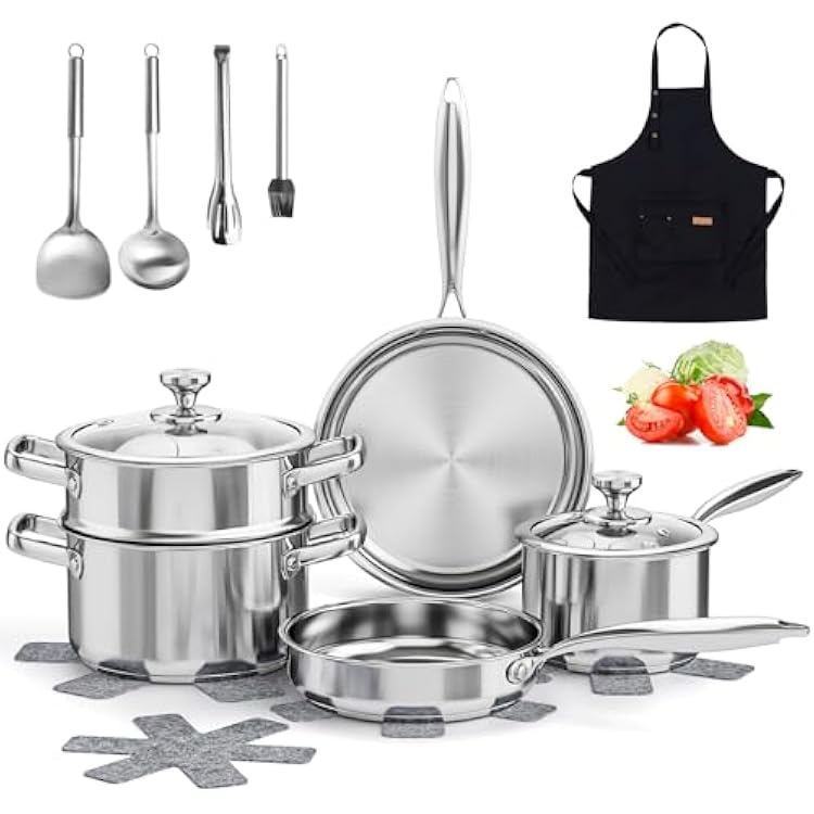 Stainless Steel Cookware Set, 16-Piece Pots and Pans Set Non Toxic, Kitchen Induction Cookware with Glass Lids, Steamer, Utensil Sets, Pot Protectors & Apron, Oven & Dishwasher Safe, Silver