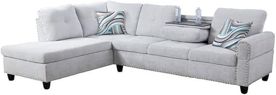 Sectional Set with Drop Down Table Sofas, 97.2" W x 69.3" D x 32.3" H, Light Grey