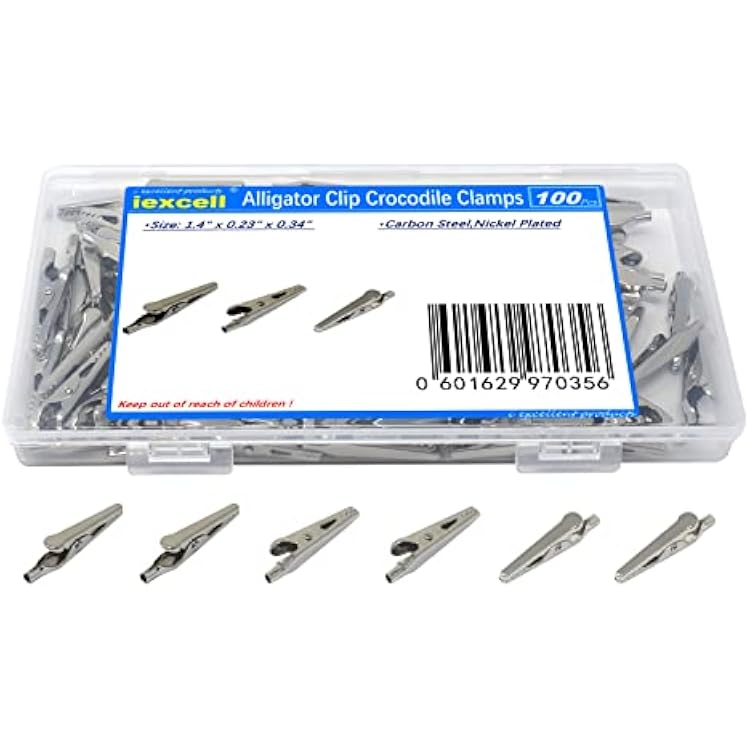 iexcell 100 Pcs 1.435mm Steel Alligator Clips Crocodile Clamps, Silver Tone Nickel Plated, Come in a Plastic Case...