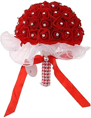 Taotenish Wedding Bonquet Artificial Rose Silk Bouquet Bridal Holding Flower Bridesmaid Decor Romantic Wedding Supplies Lace Hand Bunch - Red