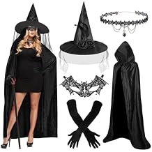 Witches Costume Women Hooded Cape Witch Hat Lace Masks Gloves Halloween Costumes Witch Outfit Women Dress up Cosplay Black