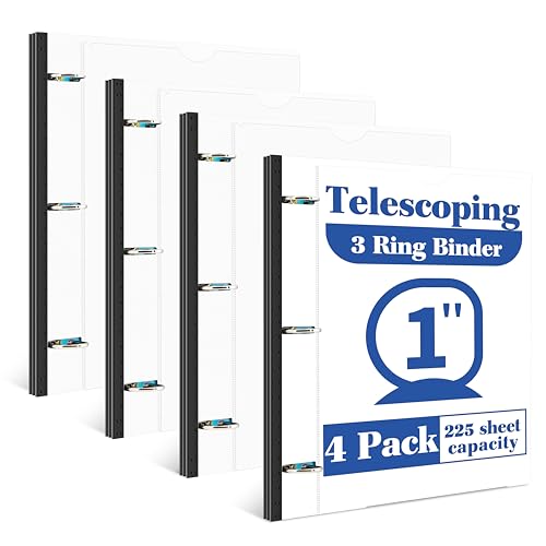 INFUN 1 Inch Telescoping 3 Ring Binder - 4PCS-White, Flexible Binders with Customizable Front Cover and Clear Catalog Pocket, 1Inch Rings, 225 Sheet Capacity