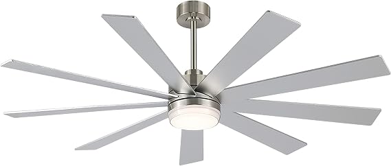 LEDLUX Ceiling Fan with Light, 6-Speed Remote Control, Reversible DC Motor, Modern 9 Blades Silver with 4.5"/12"/24" Downrods for Home or Commercial, Living Room/Restaurant (Silver, 72")