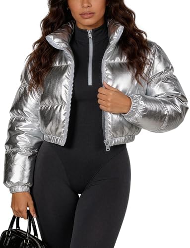 Flygo Womens Metallic Shiny Cropped Quilted Puffer Jacket - Zip Up Padded Down Coat Outerwear