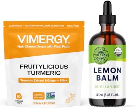 Vimergy NutriDense Fruitylicious Turmeric + Ginger Chewables (60 Count) & Liquid Lemon Balm (115 mL)