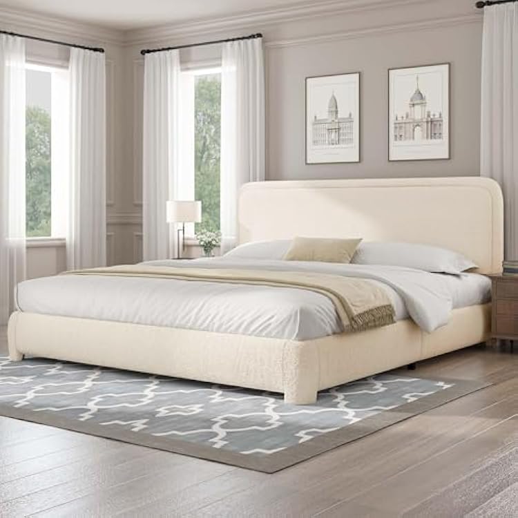 BarnFurin Boucle Upholstered California King Bed FrameSoft Rounded Corners HeadboardLow Profile Bed FrameNo Box Spring NeededNon-Slip and Noise-FreeCream