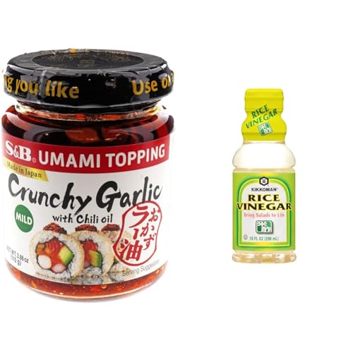 S&B Chili Oil with Crunchy Garlic 3.88 Fl Ounce and Kikkoman Rice Vinegar 10 Fl Ounce Bundle - Japanese Condiment Set
