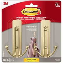 Command Large Satin Brass Double Hooks, 2 Hooks and 2 Strips, Damage-Free Wall Hook with Adhesive Strips, No Tools Coat Hook for Hanging Home Decor, Holds up to 4 lb