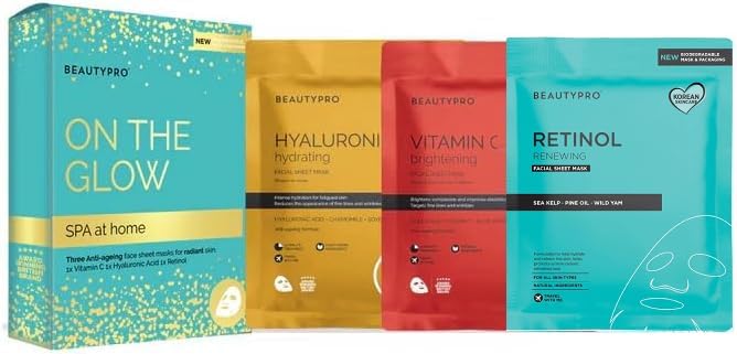 BEAUTYPRO ON THE GLOW Face Sheet Mask Multiset 3 in 1 Renwewing Brightening Hydrating Blemish Control Natural Skincare Vegan Ingredients Multi Award Winning Brand