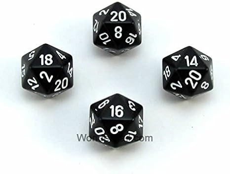 WCXPQ2008E4 Black Opaque Dice with White Numbers D20 Aprox 16mm (5/8in) Pack of 4 Dice Chessex