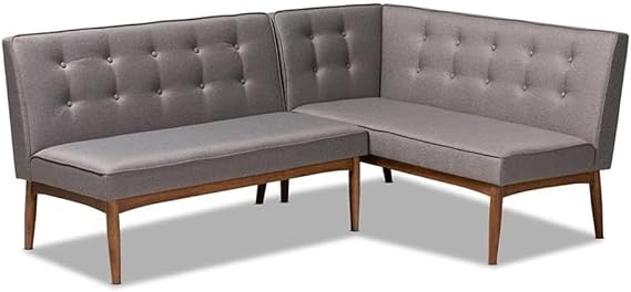 Allora Modern 2-Piece Wood Dining Corner Sofa Bench, Gray Finish, Upholstered L-Shaped Design, Solid Rubberwood Construction, Mid-Century Style, Space-Saving Kitchen or Dining Room Seating