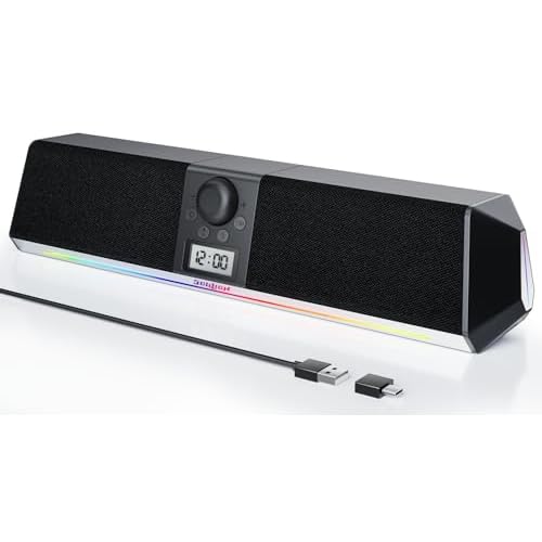 SOULION R80 Bluetooth Computer Speakers, USB Plug & Play PC Speakers with Digital Clock Display, Clear Sound Soundbar with Colorful LED Lights for Desktop Monitor Laptop USB Adapter Included