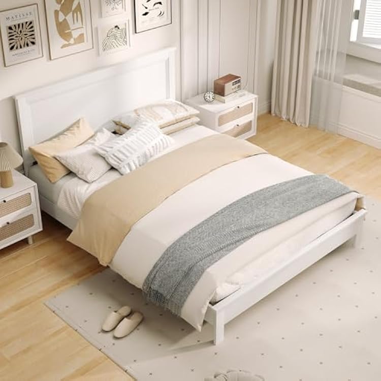 KOMFOTT Queen Size Wood Platform Bed Frame with Headboard, Wooden Mid Century Platform Bed with Slat Support & Under Bed Storage, Mattress Foundation Bed Base, No Box Spring Needed, White