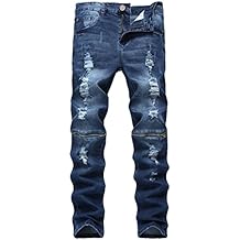 Mens Ripped Hole Skinny Fit Blue Jeans with Knee Zippers 28