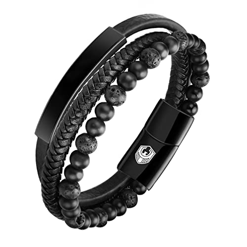 Leather Bracelet, New Mens Braided Bracelet Bead with Lava and Onyx Bead, Cuff Bracelets for men, Cowhide Braided bangle, punk wristband, with Stainless Steel Magnetic Clasp Gift for Men Him