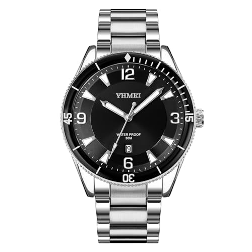 CARLIEN Mens Silver Tone Large Face Black Bezel Dress Quartz Watch Stainless Steel Easy Reader Luminous Auto Date Waterproof Wristwatch for Men