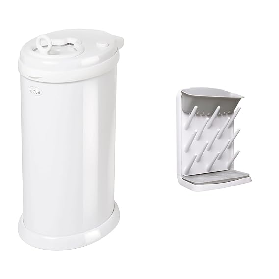Ubbi Money Saving Odor Locking Diaper Pail & Vertical Bottle Drying Rack, Registry Must-Have