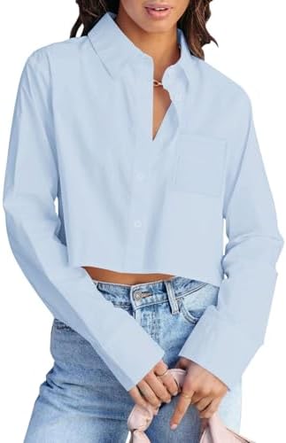 INFITTY Button Down Shirts for Women Long Sleeve Casual Crop Tops Solid Lapel Blouse Shirt with Pocket
