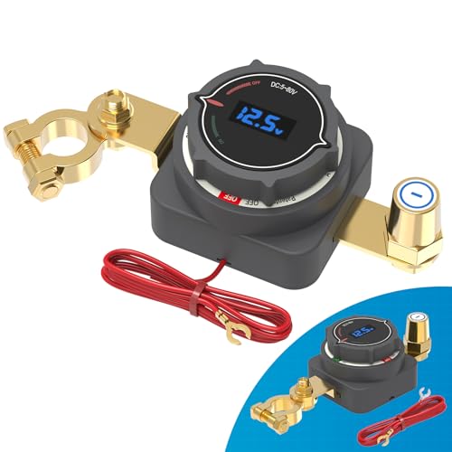 Battery Disconnect Switch with Digital Voltage Display, Malictele OnOff DC 5-80V 250A Top Post Master Kill Switch Waterproof Power Cut Isolator for Car, Truck, RV, Marine Boat, Camper & Trailer