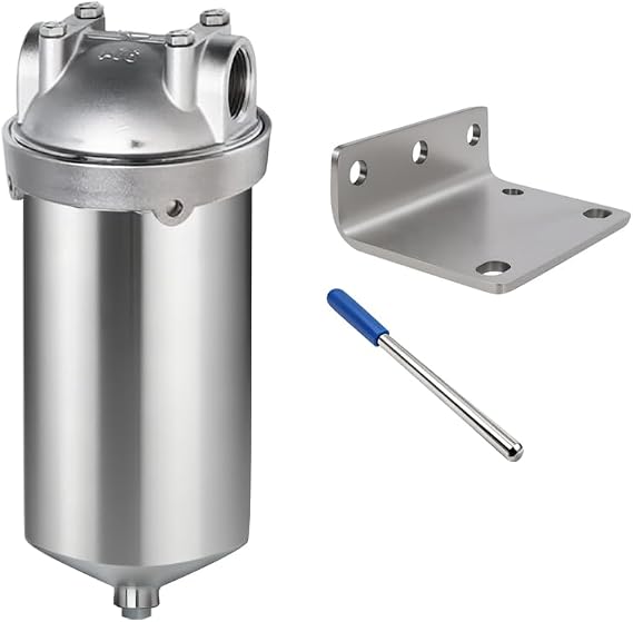 NSF/ANSI 42 Stainless Steel Whole House Water Filter Housing, 5" x 2.5" Sediment Water Filter System for Heavy Duty, Well & City Water, 1" NPT Port, Drain Valve Style C(Square Head)