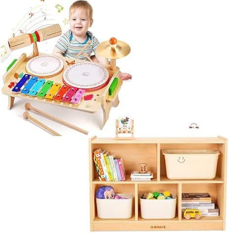 Kids Drum Set for Toddlers + 5-Section Wood Storage Shelf Organizer 35.4" L for Kids