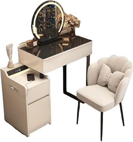 Makeup Table with Flip Top Mirror and Removable Storage Padded Seat Stool Led Smart Glass Dressing Table Chair Set,Makeup Vanity Table Set with Lights, Dressing Table with Tempered Glass Tab
