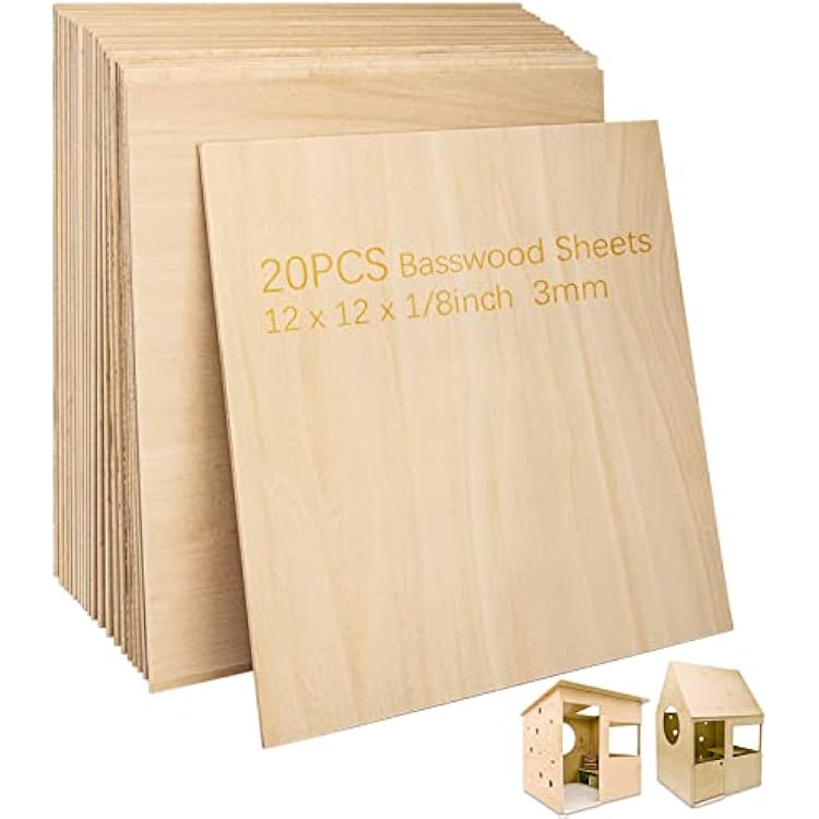 Basswood Sheets 18 - 3mm Plywood Sheets, 12 x 12 Inch Basswood Unfinished for Crafts, Laser Cutting, Engraving, DIY Arts, Drawing20 Pack