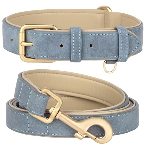 Beirui Soft Padded PU Leather Dog Collar and Leash Set, Durable Dog Leash and Collar Set with Metal Buckle, Breathable Pet Collars with 4FT Leash for Large DogsBlue, Neck 16-21