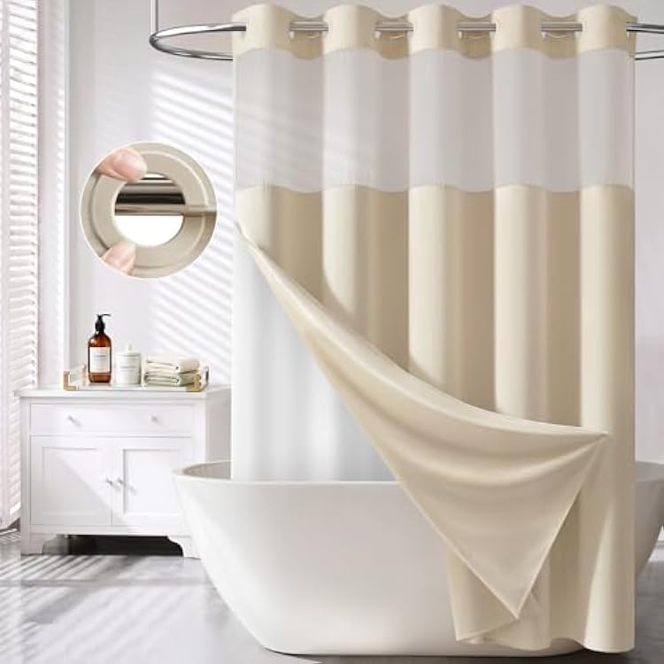 BTTN Ringless Shower Curtain Set, Linen Textured Fabric Shower Curtain with Snap-in Liner, Waterproof & Washable, Modern Hotel Shower Curtain for Bathroom with Mesh Top Window, 72x75, BeigeCream