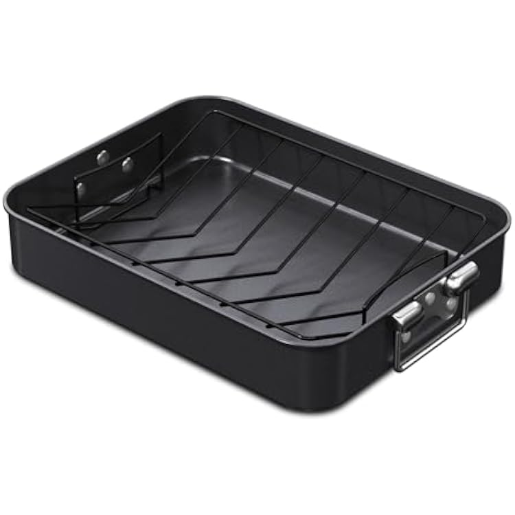 CHEFMADE Turkey Roasting Pan with V Rack, 16 Inch Deep Roasting Pan, Deep Lasagna Pan for BBQ Vegetbale and Meat 16 x 12.8 x 3 Black