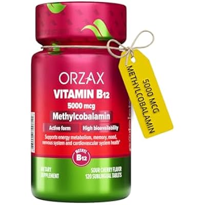 ORZAX Vitamin B12 5000 mcg Methylcobalamin for Memory, Mood, Blood Cell Function, Cardiovascular and Energy Supplement - Cherry Flavored - Vegan & Non-GMO - 120 Sublingual Tablets - 120 Day Supply