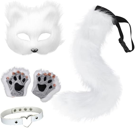 Faux Fur Fox Tail Plush Mask Gloves Cat Wolf Cosplay Costume Set Halloween Christmas Party for Women