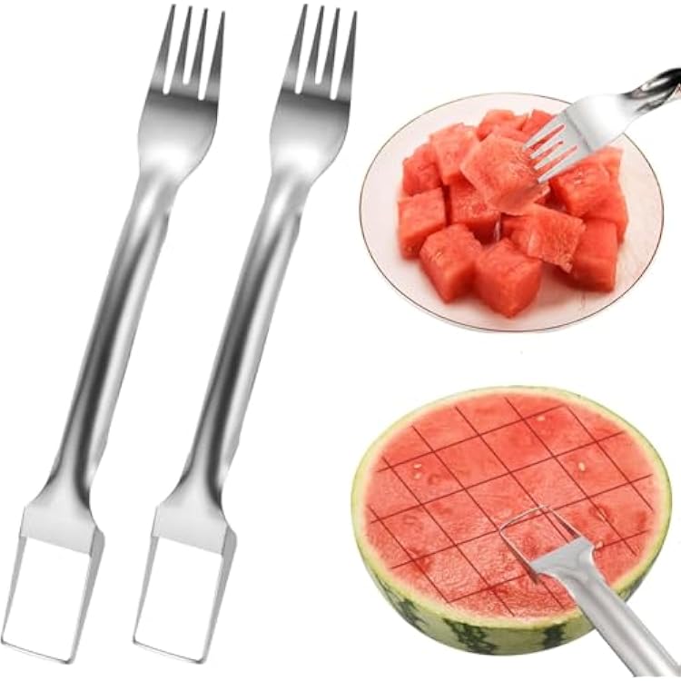 2Pcs Watermelon Fork Slicer Cutter, Stainless Steel 2-in-1 Watermelon Fork Slicer, Portable Tool for Home Party Camping Kitchen Gadget