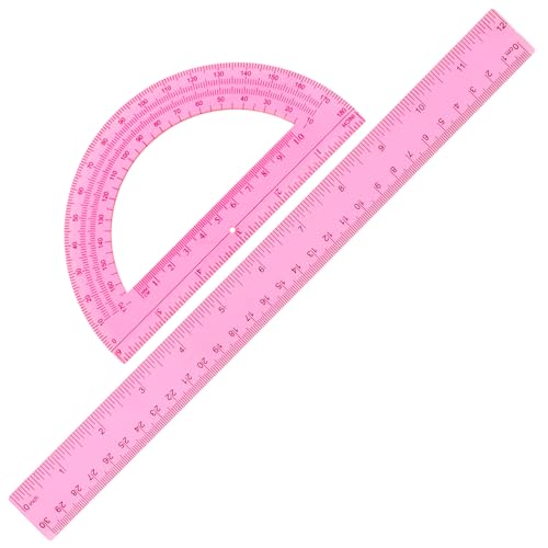 Plastic Ruler and Protractor Set 2 Packs Clear Ruler 12 Inch and 6 Inch Protractor Angle Finder Transparent School Supplies Rulers Set Math Geometry Set for Home School Supplies Office Drawing Pink