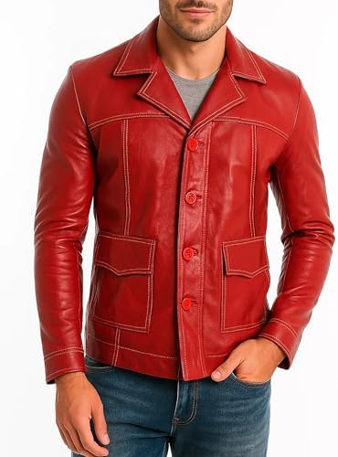 Mens Red Genuine Lambskin Leather Biker Jacket Red Real leather Vintage Motorcycle Jacket