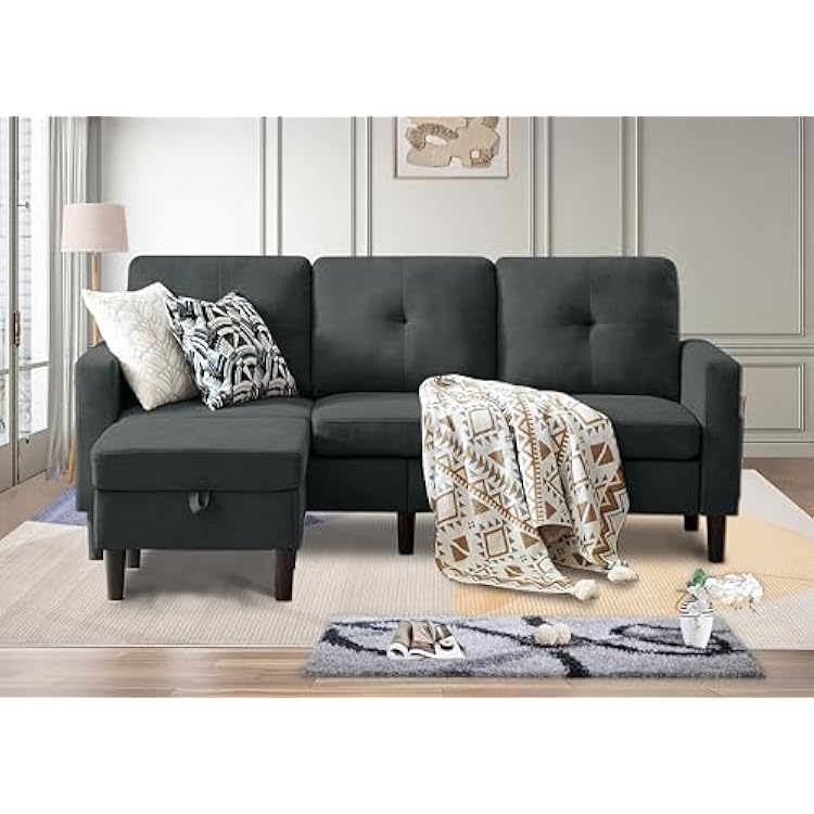 Sectional Sofa Couches for Living Room, L Shaped Couch 3-Seat Convertible Sectional Sofas with Removable Storage Ottoman, Modern Polyester Fabric Black