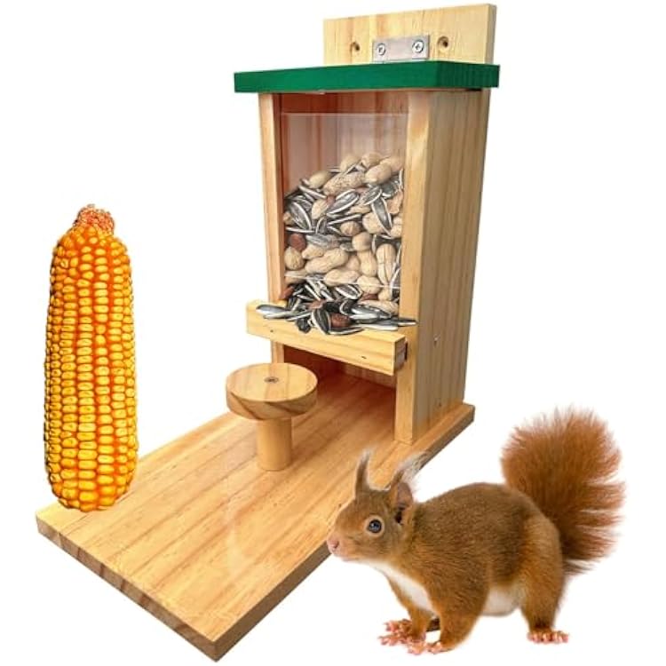 Wooden Squirrel Feeder, Squirrel Feeders for Outside with Corn Cob Holder and Round Stool, Wood Waterproof Picnic Table Funny Chipmunk House Nuts Bar for Backyard Garden Outdoor