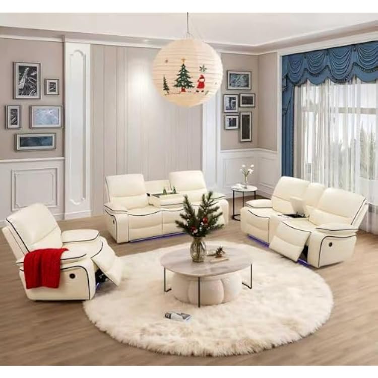 Power Recliner Sofa Set with LEDStorage,Leather Reclining Couch Set with USB Ports,Living Room Furniture Set,Leather Furnituer for Living Room Home Cream White, Power Control-3PCS Set