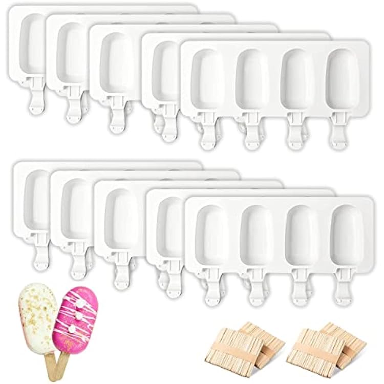 10 Set Silicone Popsicles Molds 4 Cavities Ice Pop Molds Ice Cream Maker with 200 Wooden Sticks for DIY Popsicle Ice Cream Chocolate Dessert