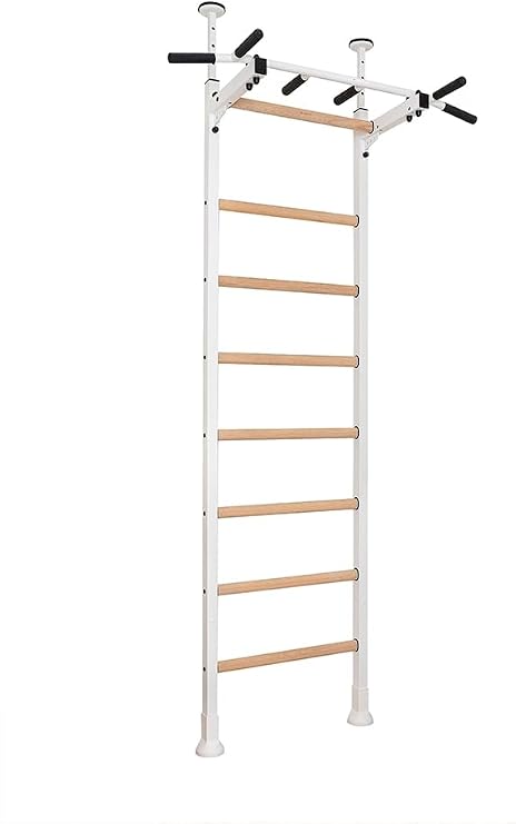 521W Wallbars, Stall Bars, Swedish Ladder, Gymnastic Ladder with Fixed Steel 6-Grip Pull Up Bar, Floor to Ceiling or Wall Mounting for Suspension Training and Stretching, Home, Gym