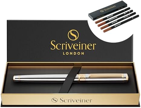 Scriveiner Silver Chrome Rollerball Pen - Stunning Luxury Pen, Real Gold Plating bundle with Rollerball Refill Black Fine - 4 Refills in one box