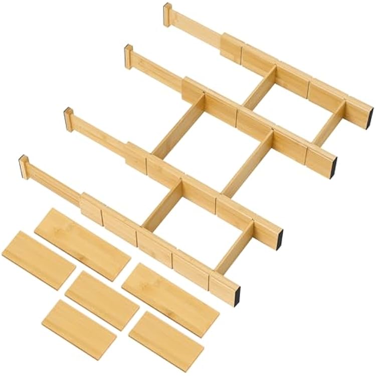 Utoplike 4 PCS Bamboo Kitchen Drawer Dividers with InsertsFits 15-17.7 Drawer Inner Size, Adjustable Drawer Organizers for Socks, Spring Loaded, for Bedroom, Dresser, Bathroom